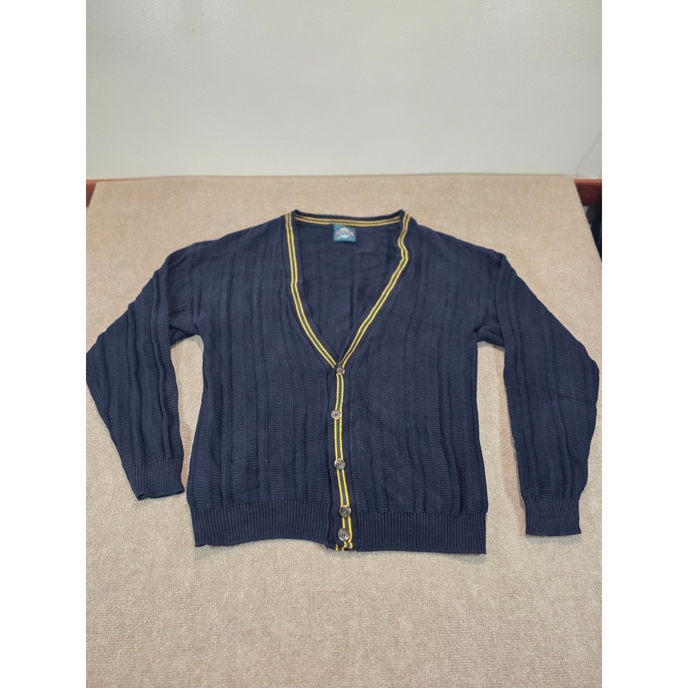 Vintage 90s Jantzen Navy Blue Ribbed Cardigan Sweater Yellow Trim USA Made Large